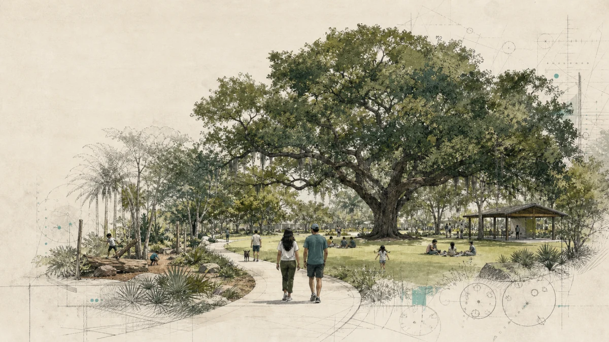 The planned park with a preserved mature live oak, walking loop, lawn, natural play, native planting, and neighbors gathering outdoors.