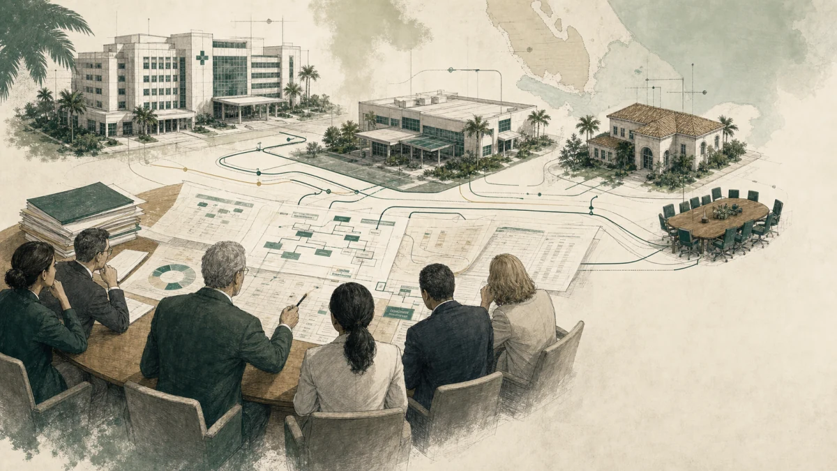Hospitals, outpatient care, board governance, agreements, and regulatory work connected as a healthcare system.