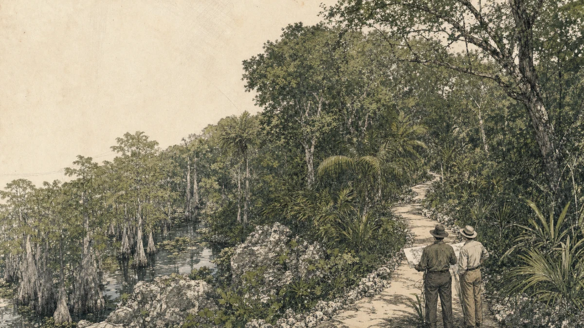 Two people planning the first paths through South Florida hardwood hammock, cypress slough, limestone, and coral rock in 1936.