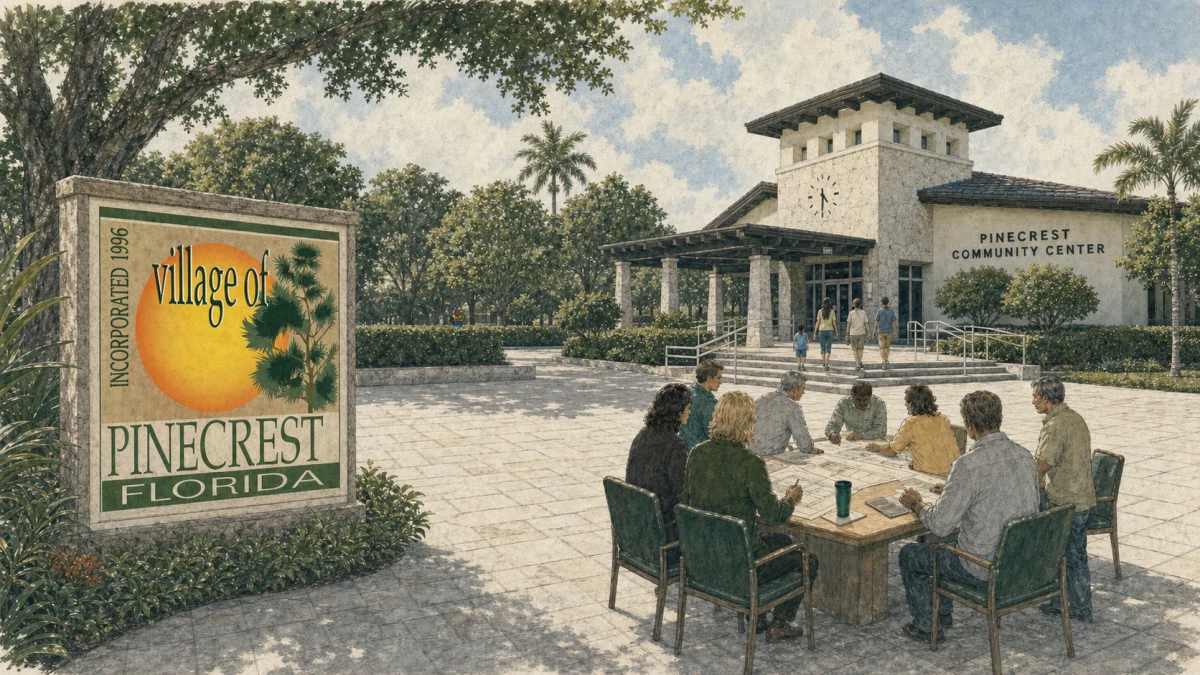 Pinecrest residents working around civic plans beside the Community Center and the 1996 incorporation mark.