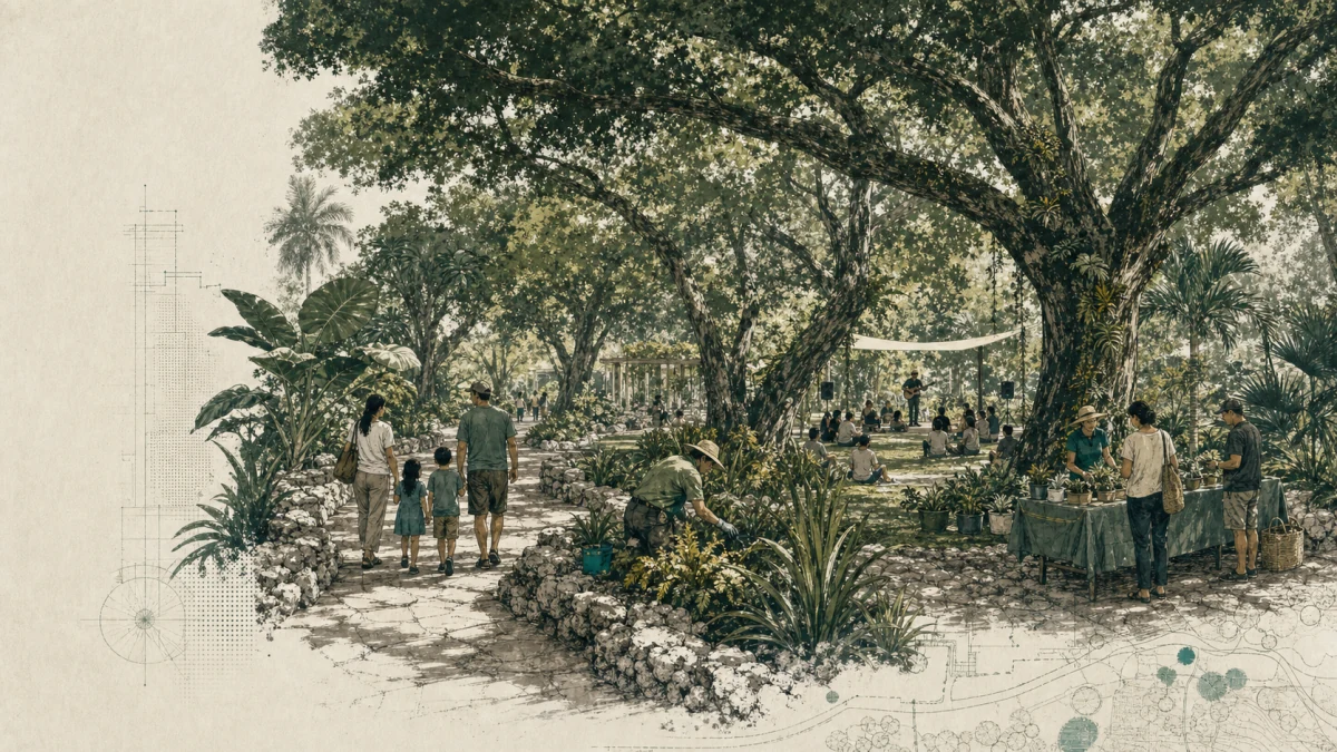 Pinecrest Gardens as a public landscape for walking, gardening, markets, performances, and community gathering.