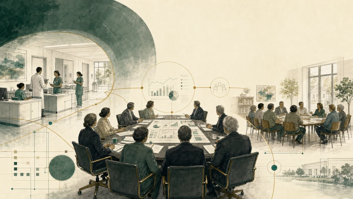 Public-company board oversight, healthcare operations, and community-board service connected around a working table.