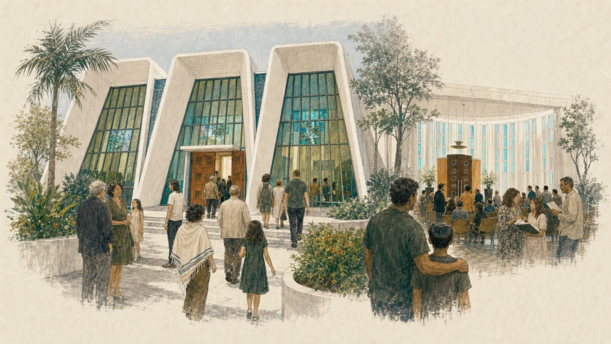 Temple Judea’s three-arched Miami Modern facade, luminous sanctuary, and multigenerational congregation.