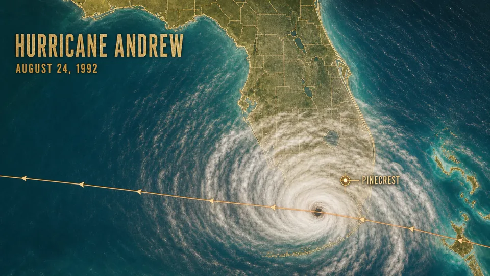 Map of Hurricane Andrew crossing South Florida with Pinecrest marked beneath the storm’s cloud field.