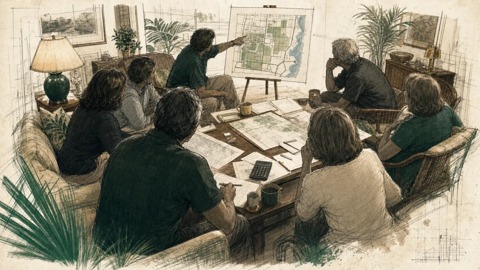 Neighbors gathered around maps and budget papers in a Pinecrest living room.