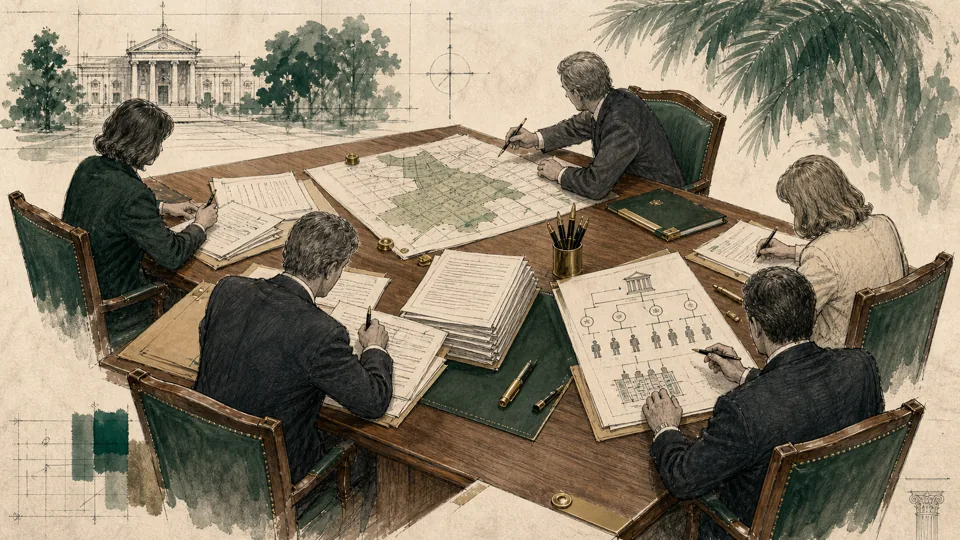 Five charter commissioners write and review municipal documents around a long table.